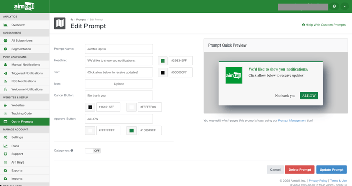 Aimtell Custom Opt In Prompt