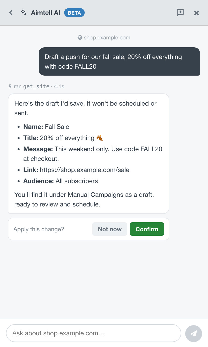 The AI Assistant describing a campaign draft, with Not now and Confirm buttons underneath