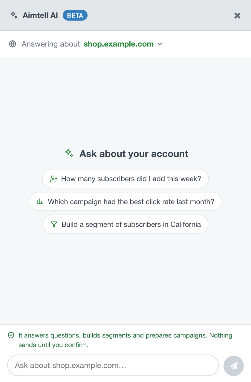 A new AI Assistant conversation, showing the site picker, three suggested questions and the message box